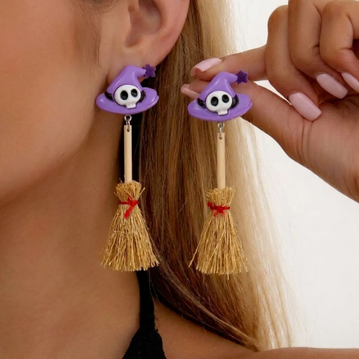 Halloween Witch Hat and Broomstick Dangle Earrings